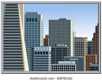 View of the city from the window. Skyscrapers. Background.