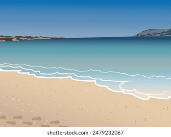 Vista del mar azul claro con ola de espuma tranquila y huellas en la playa de arena. Felices vacaciones de verano. Ilustración vectorial para tarjeta, póster, Fondo de pantalla. Degradado.