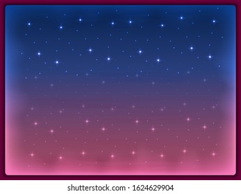 View of the clear winter night sky with clouds and bright stars through a frozen window. Wallpaper for your desktop or smartphone.