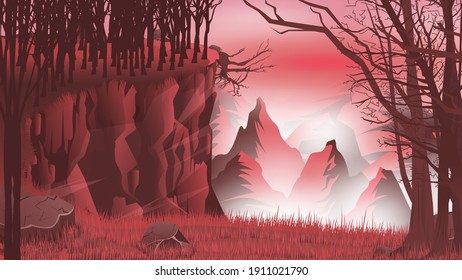 View from the cliff to huge mountains with fog in the evening. Vector illustration in red colors