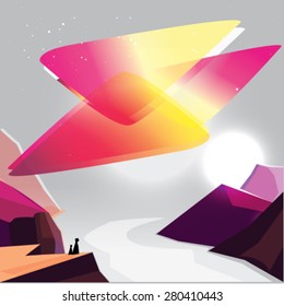 view from a cliff on a mountain cliff at sunset abstract vector