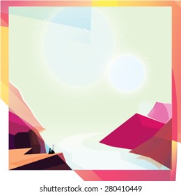 view from a cliff on a mountain cliff at sunset abstract vector