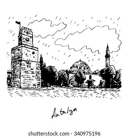 View of Clock Tower, Antalya, Turkey. Vector freehand pencil sketch.