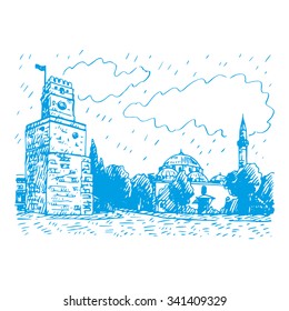 View of Clock Tower, Antalya, Turkey. Vector freehand pencil sketch.