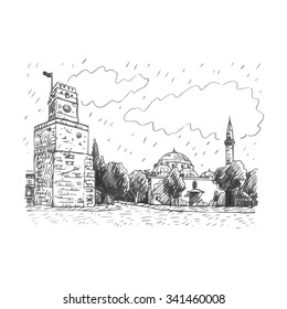 View of Clock Tower, Antalya, Turkey. Vector freehand pencil sketch.