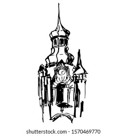 View of clock tower of house in downtown of Saint Petersburg. Old town building, urban sketching. Historical center of city. Black and white hand drawn graphic, yard, windows, walls, door, roof, spire