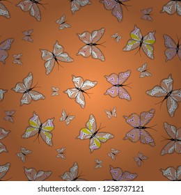 View close up on beige, orange colors. Freehand linear ink hand drawn logo in art retro tileable openwork design style. Cute wild fly hexapods isolated on gently beige, orange and neutral backdrop.