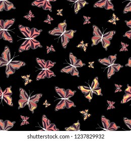 View close up on black, beige, purple colors. Cute wild fly hexapods isolated on gently black, beige, purple backdrop. Freehand linear ink hand drawn logo in art retro tileable openwork design style.