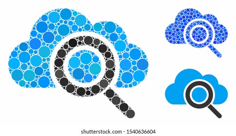 View cloud mosaic of round dots in different sizes and shades, based on view cloud icon. Vector round dots are organized into blue composition. Dotted view cloud icon in usual and blue versions.