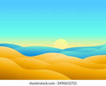 View of the coast from the desert. Sand dunes, sea and sun. Wavy landscape of sand dunes and wavy sea. Landscape in a minimalist style. Design for covers, banners and posters. Vector illustration