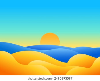 View of the coast from the desert. Sand dunes, sea and sun. Wavy landscape of sand dunes and wavy sea. Landscape in a minimalist style. Design for covers, banners and posters. Vector illustration