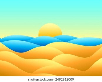 View of the coast from the desert. Sand dunes, sea and sun. Wavy landscape of sand dunes and wavy sea. Landscape in a minimalist style. Design for covers, banners and posters. Vector illustration