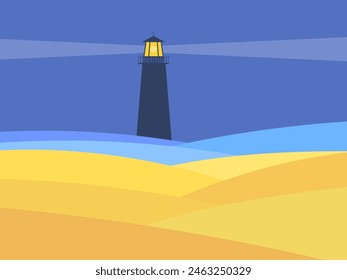 Blick auf die Küste mit einem Leuchtturm. Landschaft mit einem Sandstrand und einem Leuchtturm in der Ferne, der in verschiedene Richtungen leuchtet. Design für Bildschirmhintergrund, Abdeckungen und Banner. Vektorillustration