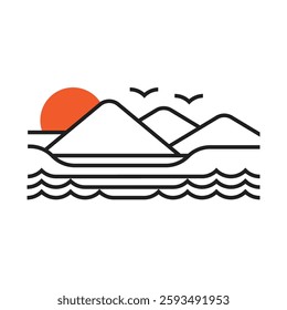 a view of the coast and mountains between birds and the sun