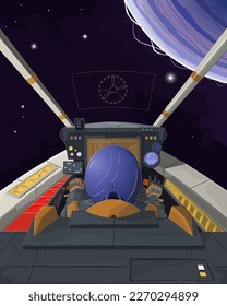View from the cockpit of the spacecraft. Flight in space, future technologies, HUD, astronaut pilot, open space, stars, planet. Science fiction, cartoon, comic books, hand drawn. Vector illustration.