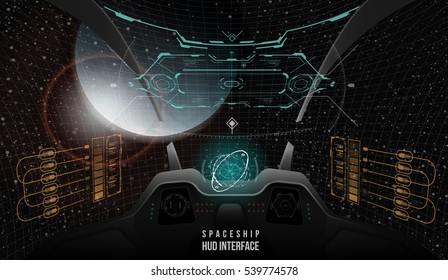 View from the cockpit spaceship. Head-up display elements for the Spaceship interface. Template UI for app and virtual reality.