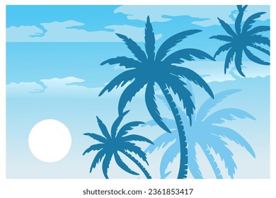 View of Coconut Trees from Below and Blue Sky Background during the Day, vector, illustration.