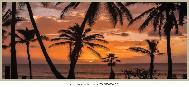 The view of the coconut trees in the late afternoon before sunset, with cloudy sky in the background