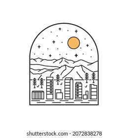 A view of a Colorado city under a mountain in mono line art ,badge patch pin graphic illustration, vector art t-shirt design