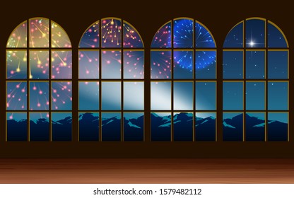 view of colorful firework on the mountain at windows