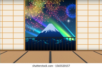 view of colorful firework on the sky at fuji mountain