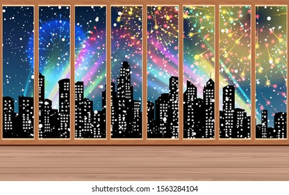 view of colorful light and firework in the city at windows