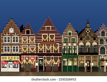 View of Colourful, Old  European Houses Decorated For Christmas In Bruges, Belgium Vector 