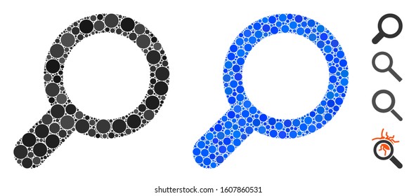 View composition of filled circles in different sizes and color tinges, based on view icon. Vector filled circles are organized into blue composition. Dotted view icon in usual and blue versions.