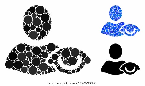 View composition for view icon of small circles in various sizes and color hues. Vector random circles are organized into blue composition. Dotted view icon in usual and blue versions.