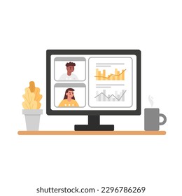 View from computer screen of multiethnic colleagues discussing charts and statistics at online meeting. Concept of working remotely. Flat style cartoon illustration on white background