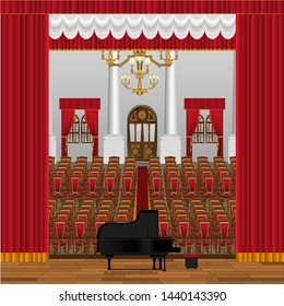 
view of a concert hall, or philharmonic hall, with a black grand piano. View from the stage.
