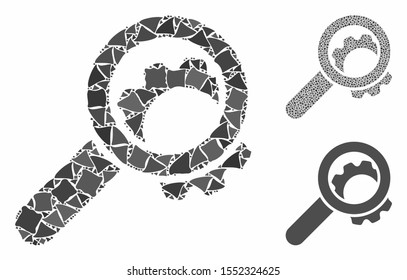 View configuration gear composition of joggly parts in variable sizes and color tints, based on view configuration gear icon. Vector joggly items are grouped into collage.