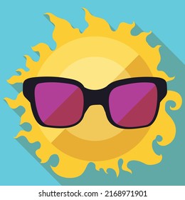 View of cool and relaxed sun, wearing giant sunglasses. Design in flat style and long shadow effect.