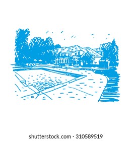 View of the cottage with pool. Vector freehand pencil outline sketch.
