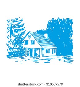 View of the country house in the woods. Vector freehand pencil sketch.