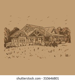 View of the country house in the woods. Vector freehand pencil outline sketch.