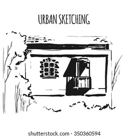 View of the country house in the woods. Vector freehand pencil sketch. Line ink freehand sketch. Vintage design for postcard template. Hand Drawn with liner pen on paper.