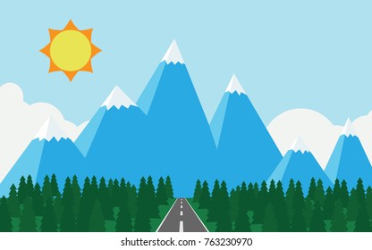 View of country road through the pine tree forest to the snowy mountain with snow on the top hat in sunshine day wit h cloud