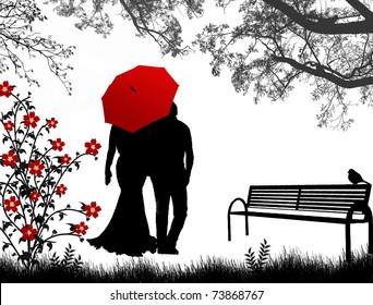 View of couple a back under red umbrella, walking down the park, vector illustration