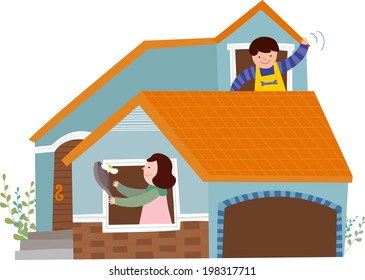 La vista de la pareja en la casa 