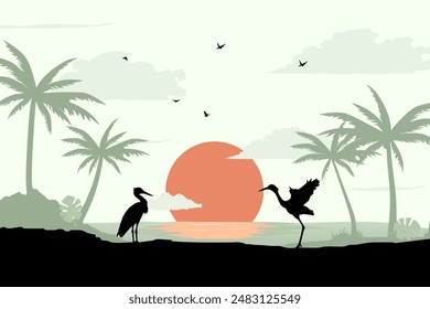 View of cranes against sunrise on the beach. Summer day vector illustration poster design template