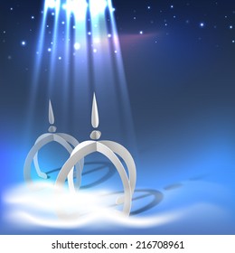 View of a creative and stylish mosque in spot light on shiny blue background for Muslim community festival celebrations. 