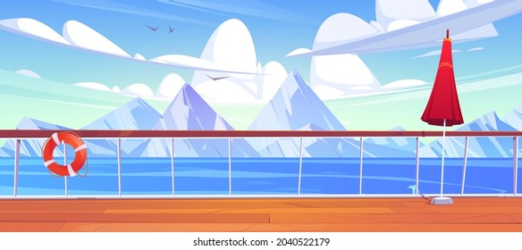 View from cruise ship deck to sea landscape with white mountains on horizon. Vector cartoon illustration of wooden boat deck with railing, umbrella and lifebuoy on background of snow rocks and water