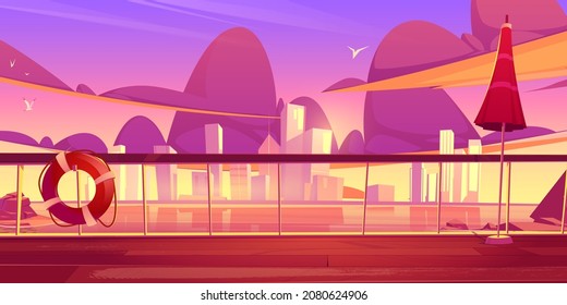 View from cruise ship deck to seascape with city buildings on horizon at sunset. Vector cartoon illustration of landscape with lake or river, skyscrapers on skyline and wooden deck with railing