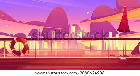 View from cruise ship deck to seascape with city buildings on horizon at sunset. Vector cartoon illustration of landscape with lake or river, skyscrapers on skyline and wooden deck with railing