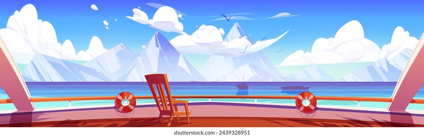 View from cruise ship wooden deck with railing, lounge chair and lifebuoy on sea or ocean and high snow covered mountain peaks. Cartoon vector illustration of journey on yacht boat. Winter landscape.