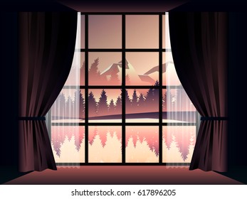view of deep forest and lake at dusk in room