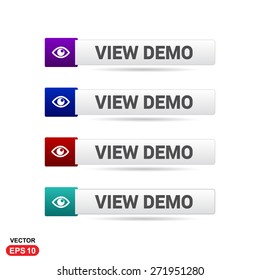 View Demo Icon Button. Abstract beautiful text button with icon. Purple Button, Blue Button, Red Button, Green Button, Turquoise button. web design element. Call to action gray icon button