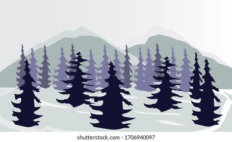 A view of a dense ice forest and covered with snow. evergreen trees look lush