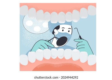 View of dentist with instruments from oral cavity with teeth. Flat vector illustration. Patient opening mouth in front of doctor with mask on his face. Medicine, health care, checkup, hygiene concept